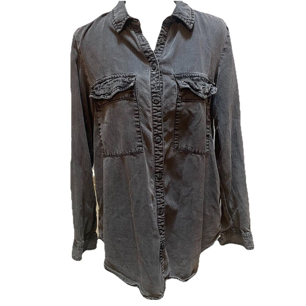 Pilcro Anthropologie Womens Small Gray Tencel Button Down Shirt Floral Cuff